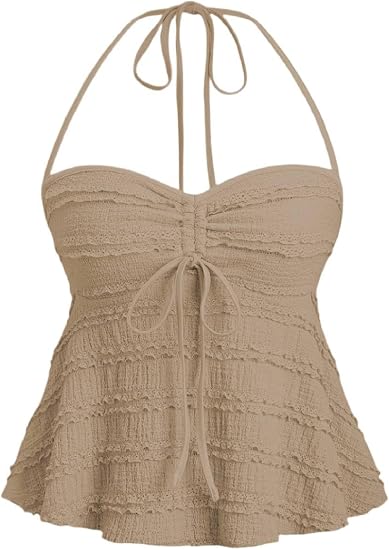Ruched Drawstring Halter Peplum Cami
