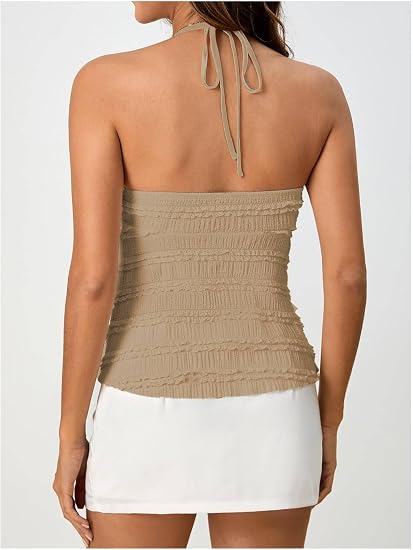 Ruched Drawstring Halter Peplum Cami