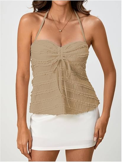 Ruched Drawstring Halter Peplum Cami